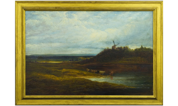 Appraisal: William Shayer Cattle drinking river with a windmill in the