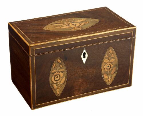 Appraisal: A George III mahogany crossbanded and inlaid tea caddy of