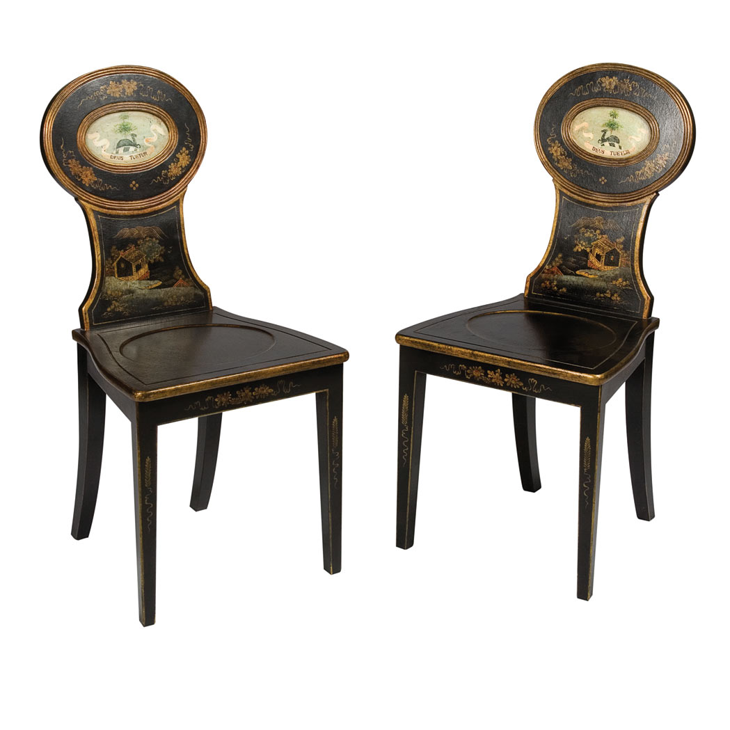 Appraisal: Pair of Polychrome Decorated Hall Chairs