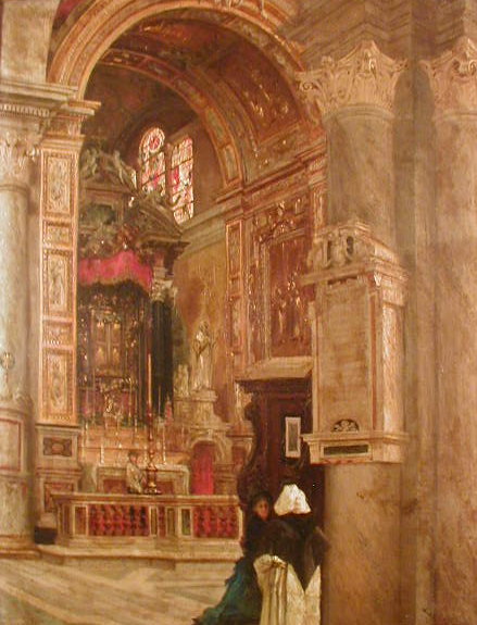 Appraisal: Resio-R Church interior with figures oil on canvas signed x