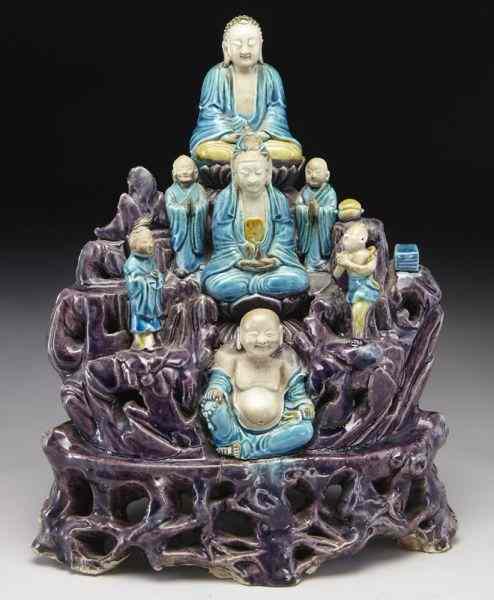 Appraisal: Chinese Qing fahua porcelain mountain depictingShakyamuni Buddha Maitreya Buddha and