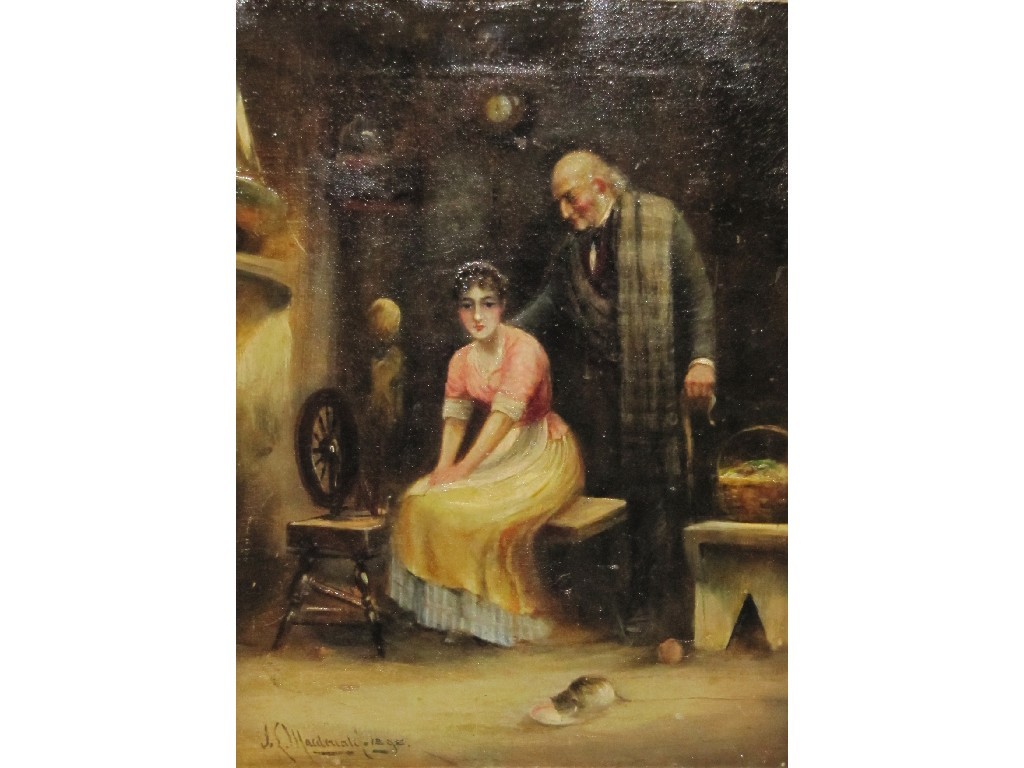 Appraisal: J E McDONALD Oil on canvas interior with figures signed