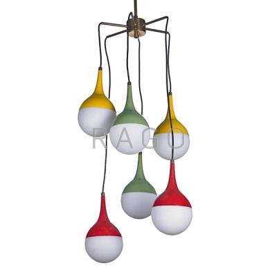 Appraisal: STILNOVO Six-pendant chandelier Italy s Brass enameled aluminum frosted glass