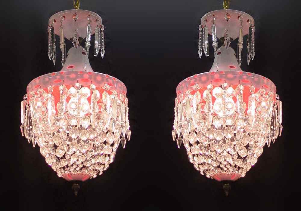 Appraisal: PAIR BOHEMIAN GLASS CHANDELIERS White cut to cranberry dripping in