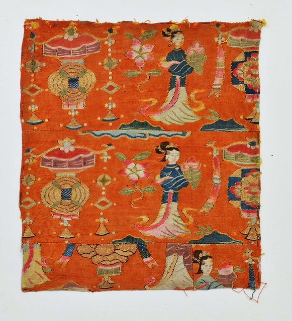 Appraisal: A CHINESE TEXTILE PANEL assembled from fragments depicting a maiden