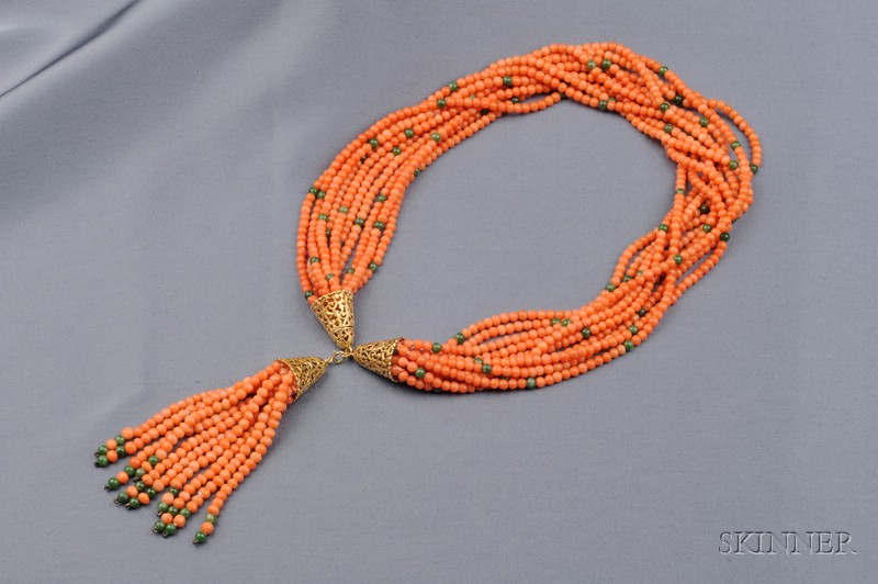 Appraisal: kt Gold Coral and Nephrite Necklace designed as a torsade