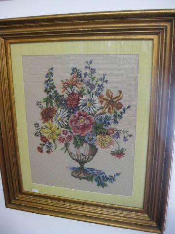 Appraisal: Framed Needlepoint rich floral still life ivory field x