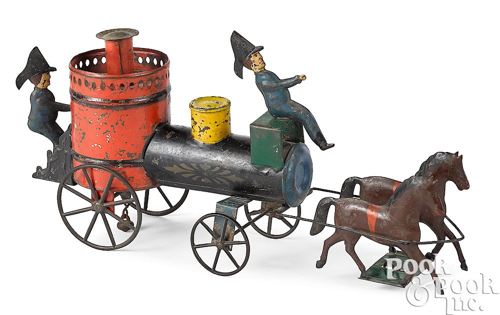 Appraisal: Fallows painted tin horse drawn fire pumper Large Fallows painted