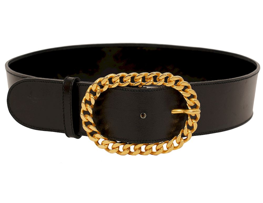 Appraisal: Gucci Black Leather Belt Gold Chain Buckle Size Gucci Black