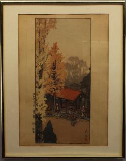 Appraisal: Antique Japanese Woodblock of Pavillion BY HIROSHI YOSHIDA Determined by