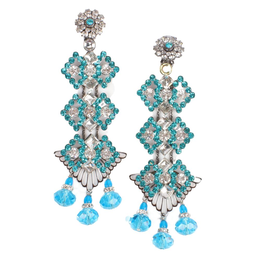 Appraisal: LAWRENCE VRBA HUGE ARTICULATED TURQUOISE CRYSTAL OPEN WORK CHANDELIER EARRINGS