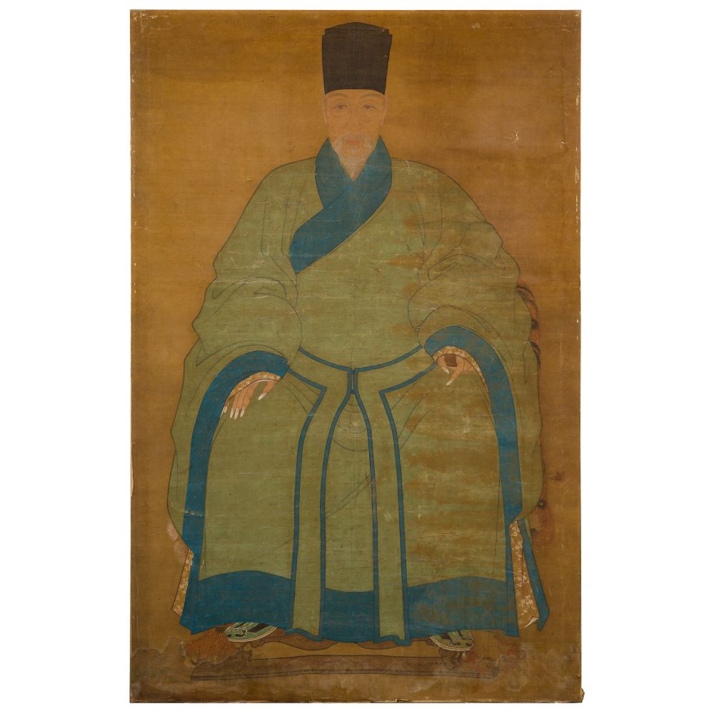 Appraisal: CHINESE ANCESTRAL PORTRAITInk and colors on silk mounted on stretched