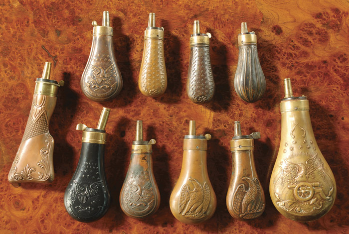 Appraisal: TEN BRASS AND COPPER POWDER FLASKS Dixon Son in the