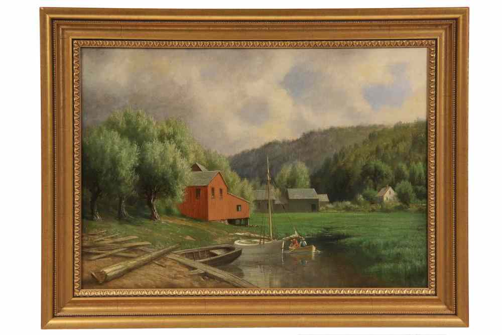 Appraisal: OOC - Connecticut Farm with Boats in River by George