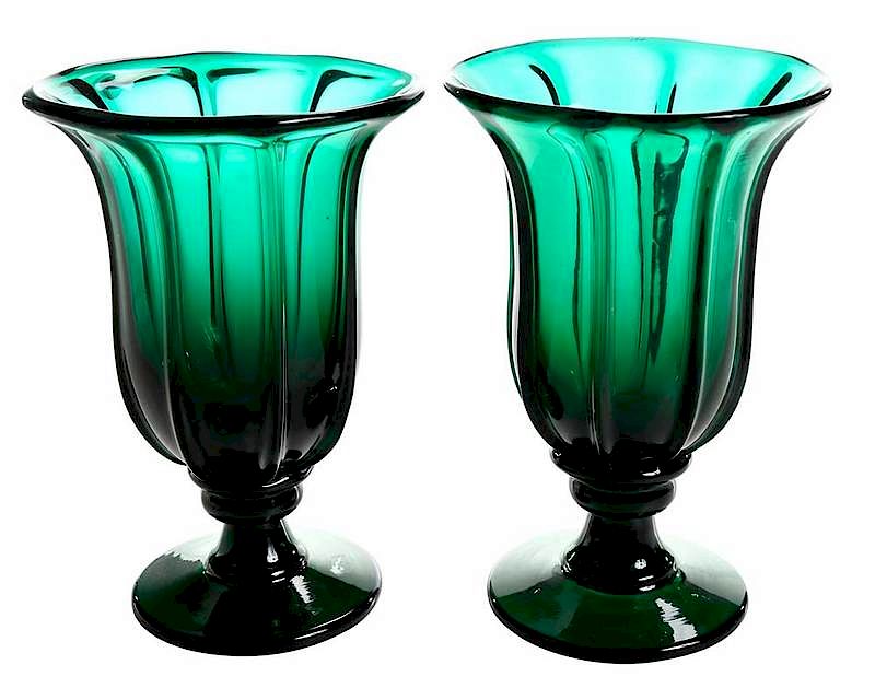 Appraisal: Pair Hand Blown Emerald Green Footed Vases probably British th