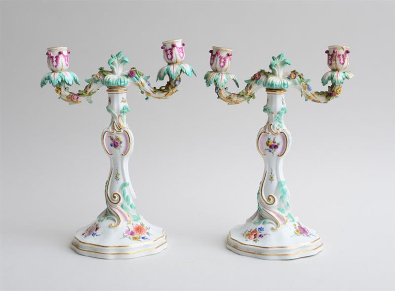 Appraisal: PAIR OF MEISSEN PORCELAIN CANDLESTICKS WITH ASSEMBLED REMOVABLE TWO-LIGHT CANDLE