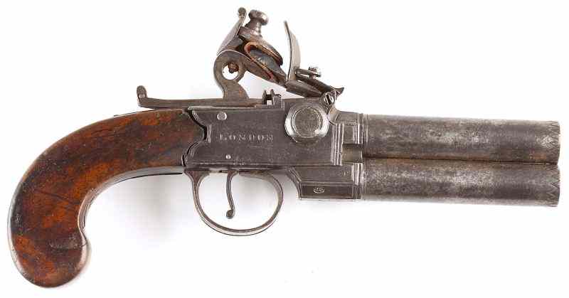 Appraisal: English Flintlock Over Under Double Barrel Pistolcirca approximately caliber all