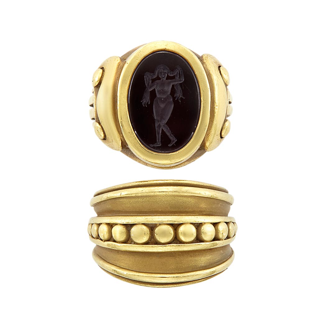 Appraisal: Gold and Black Onyx Intaglio Ring and Gold Ring Barry