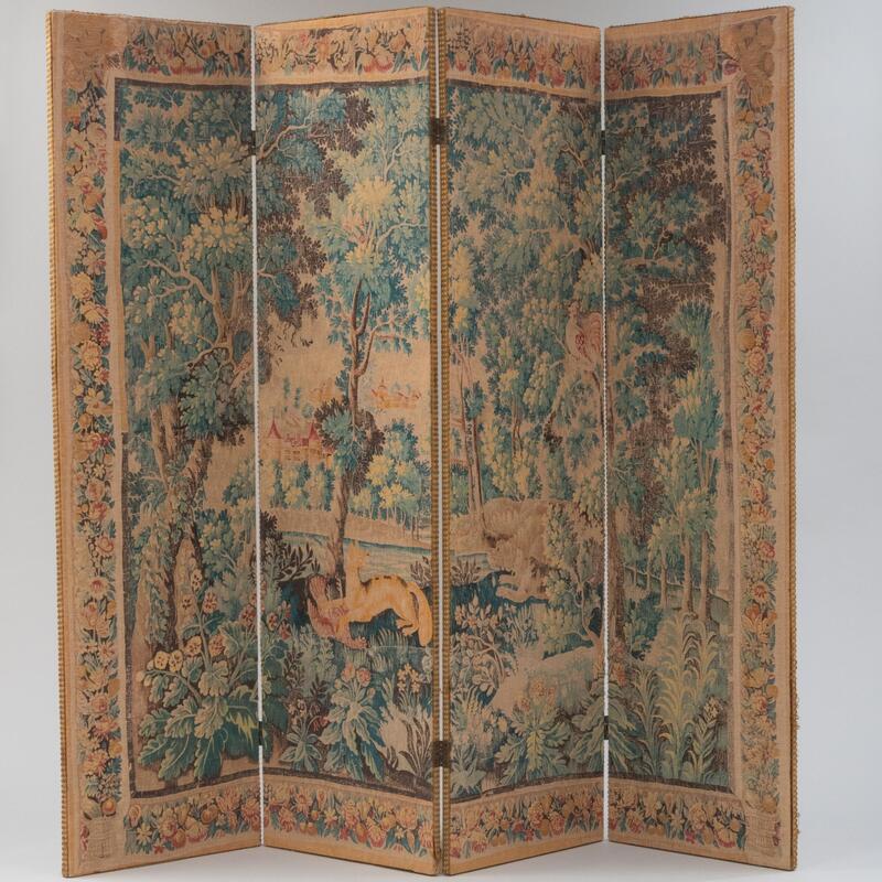 Appraisal: Flemish Style Faux Tapestry Painted Linen Four Panel Scenic Screen