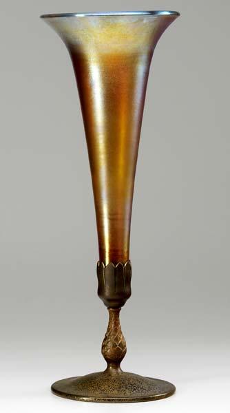 Appraisal: L C TIFFANY Iridescent gold Favrile trumpet vase with bronze