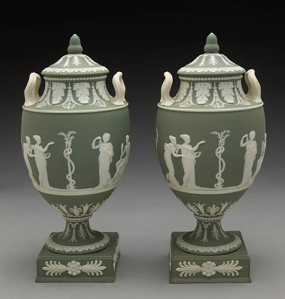 Appraisal: A pair of Wedgwood sage green jasper two handled urns