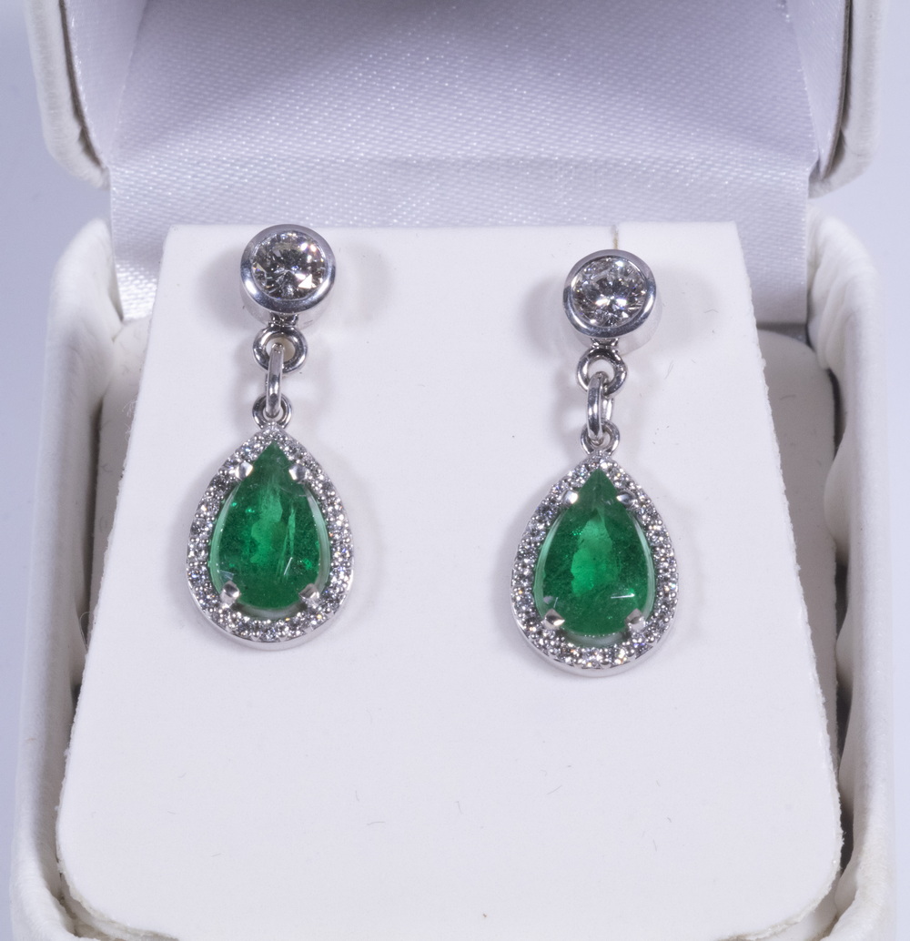 Appraisal: K WHITE GOLD AND EMERALD DROP EARRINGS Handmade pair Classical