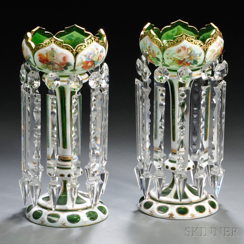 Appraisal: Pair of Bohemian Overlay Glass Girandoles th century each white