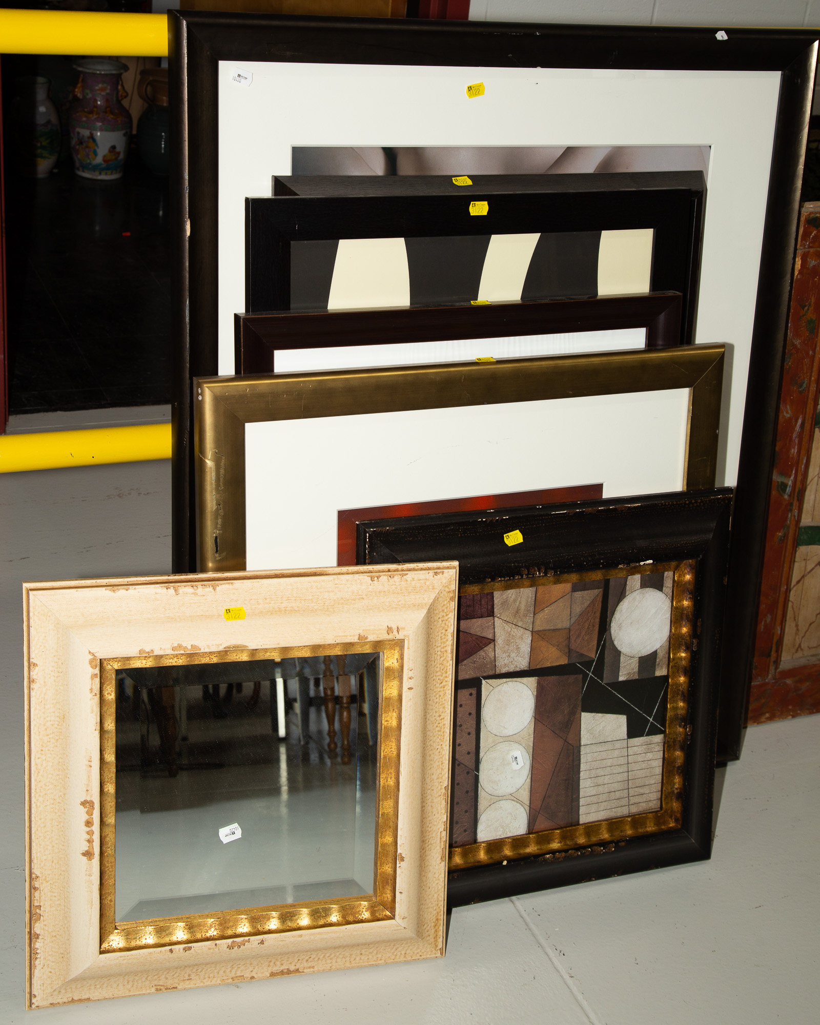 Appraisal: SEVEN FRAMED ARTWORKS A MIRROR Includes abstract and marble figural