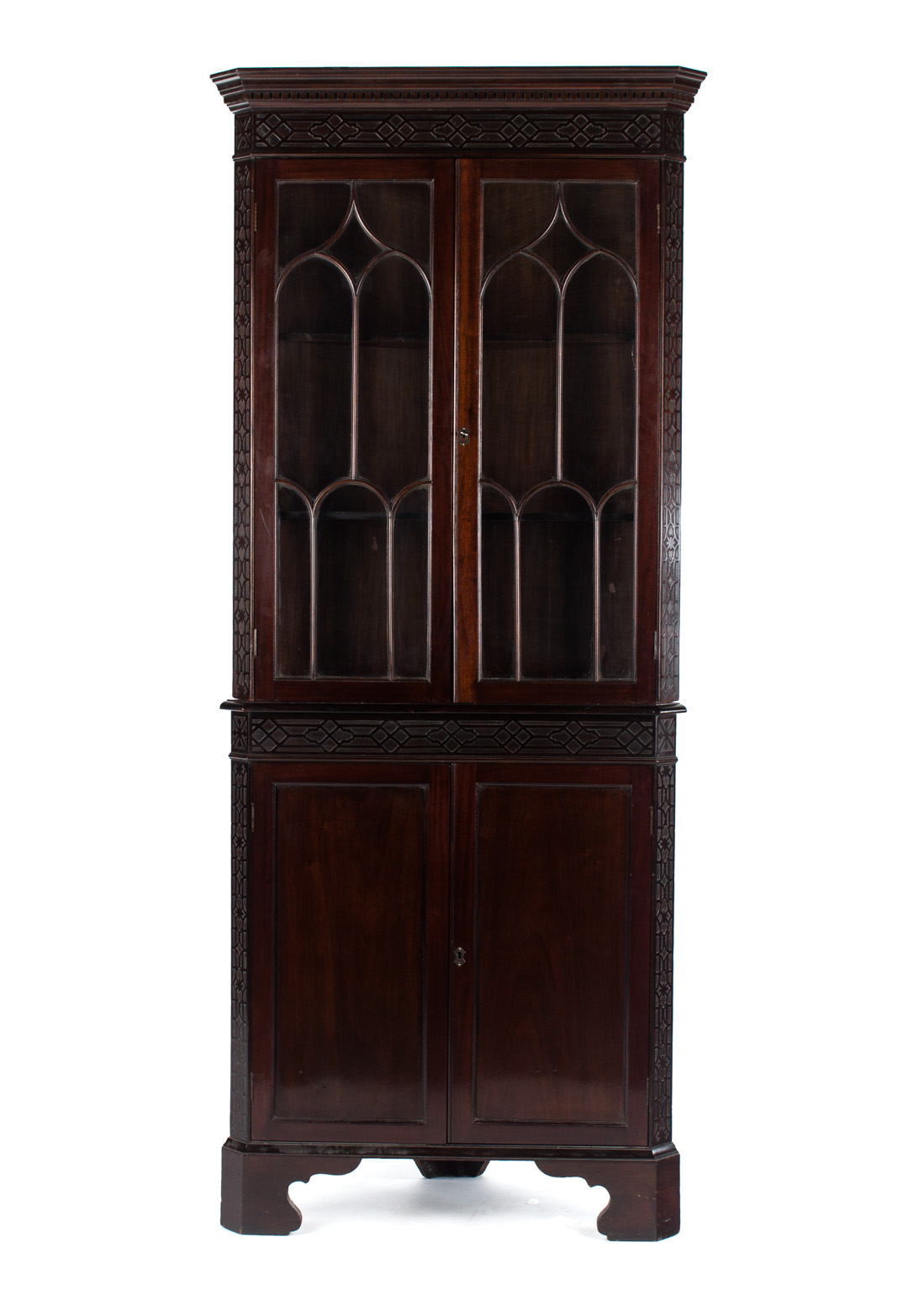 Appraisal: Chinese Chippendale style mahogany corner cupboard flat dentil molded cornice