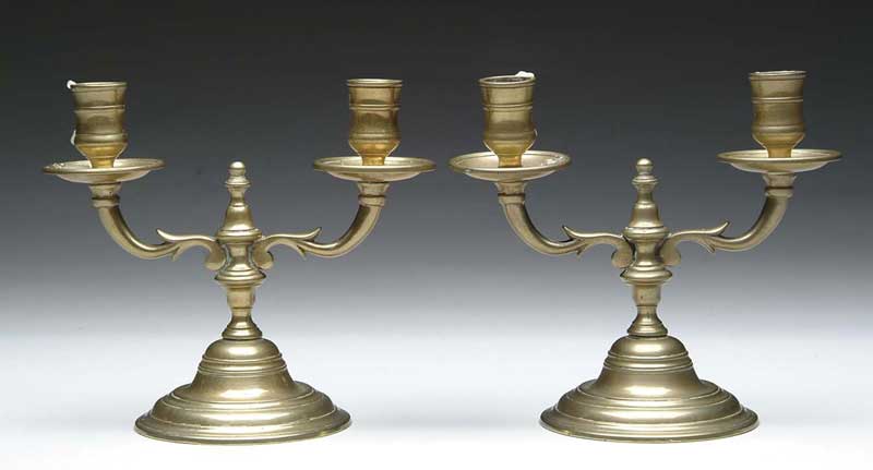 Appraisal: PAIR OF DOUBLE BRASS CANDLESTICKS French late th Century Stepped