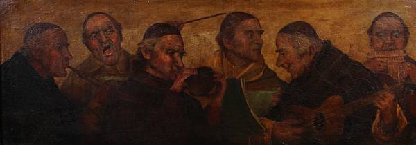 Appraisal: German School th Century Monks playing musical instruments oil on