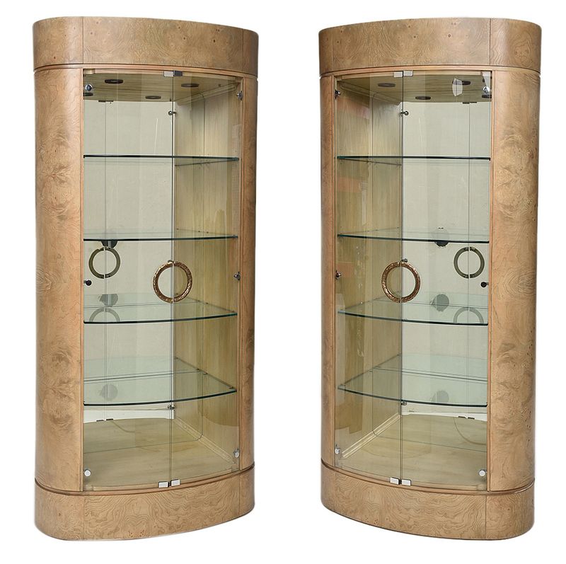 Appraisal: Pair Burlwood Veneered Mirrored Lighted Vitrines Drexel Heritage late th