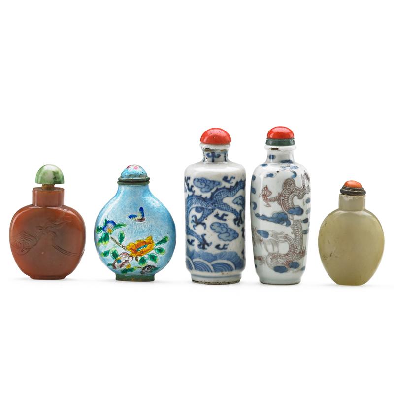 Appraisal: CHINESE HARDSTONE SNUFF BOTTLES Five Two hardstone together with one