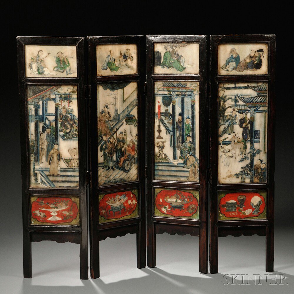 Appraisal: Four-panel Stone Table Screen China th th century each panel