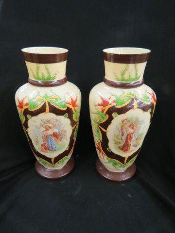 Appraisal: Pair of Handpainted Art Glass Vases maidens in the garden