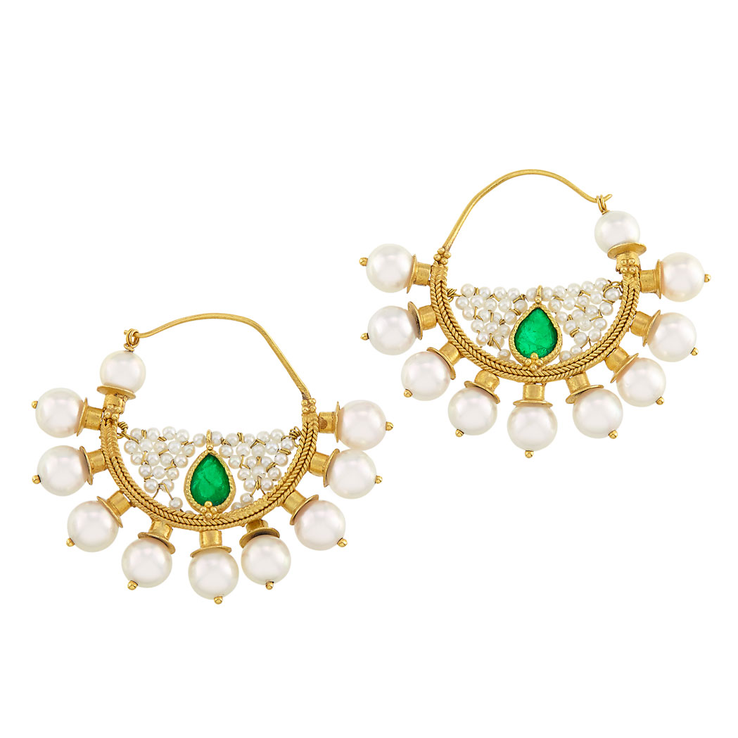 Appraisal: Pair of Gold Cultured Pearl Seed Pearl and Emerald Earrings