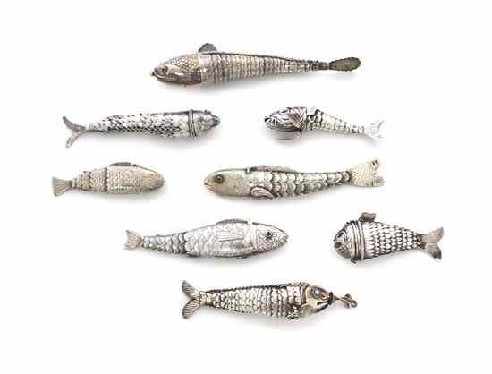 Appraisal: A Collection of Eight Silver or Silverplate Reticulated Fish of