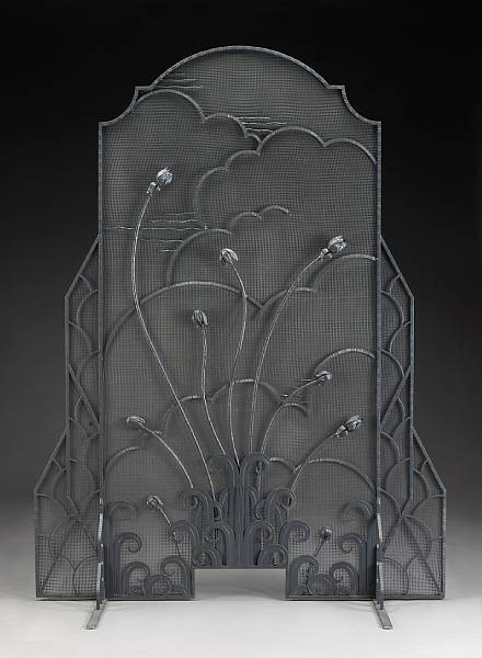 Appraisal: An Art Deco iron and t le standing firescreen first