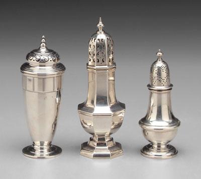 Appraisal: Three English silver casters two baluster form with stepped bases