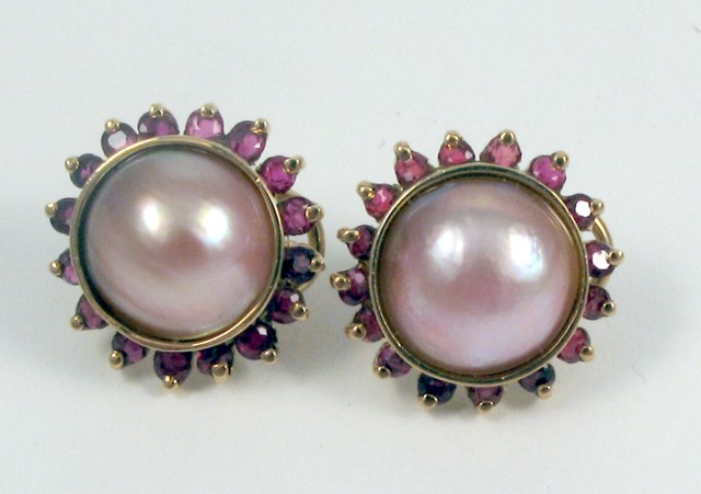 Appraisal: PAIR OF RUBY AND MABE PEARL EARRINGS with appraisal Each