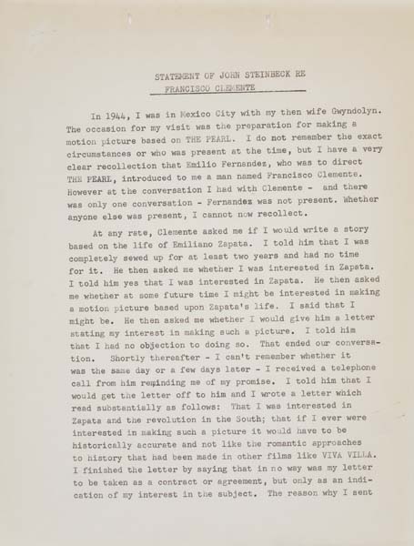 Appraisal: JOHN STEINBECK Typed document unsigned titled Statement of John Steinbeck