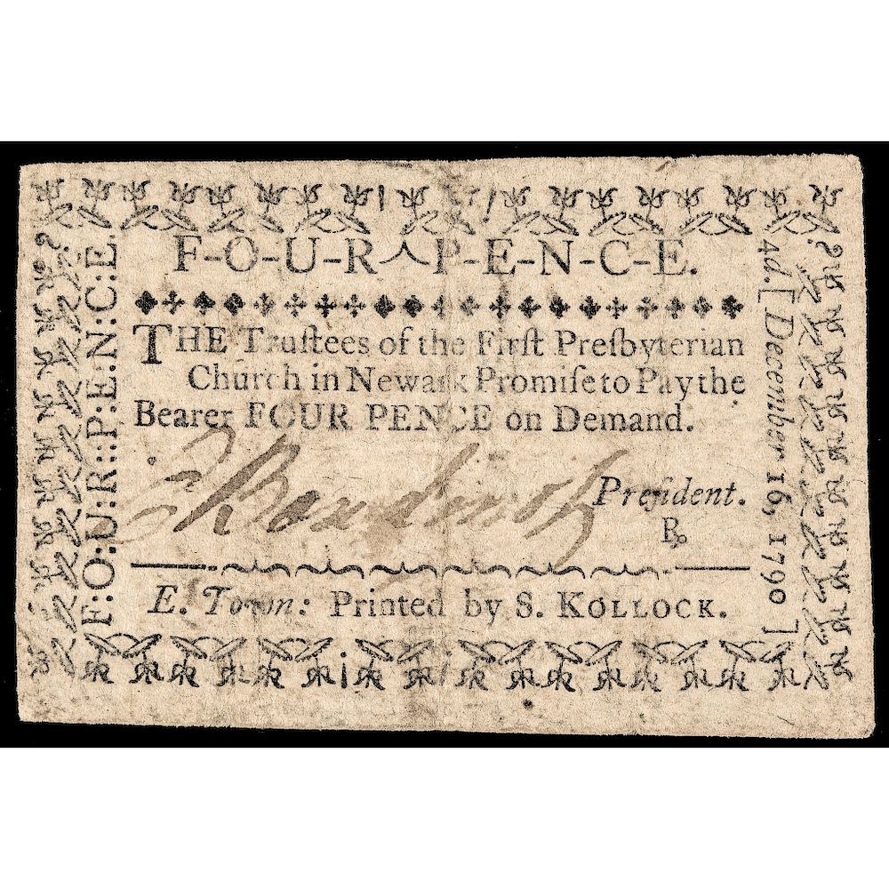 Appraisal: ELIAS BOUDINOT Signed Four Pence Church Currency Note on Newark