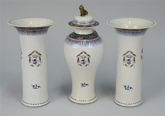 Appraisal: THREE PIECE CHINESE EXPORT ARMORIAL VASE GARNITURE height of vases