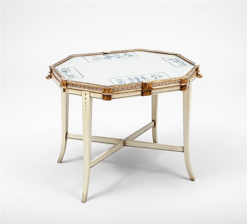 Appraisal: Neoclassical Style Carved and Painted Octagonal Tray-Top Table The silvered-ground