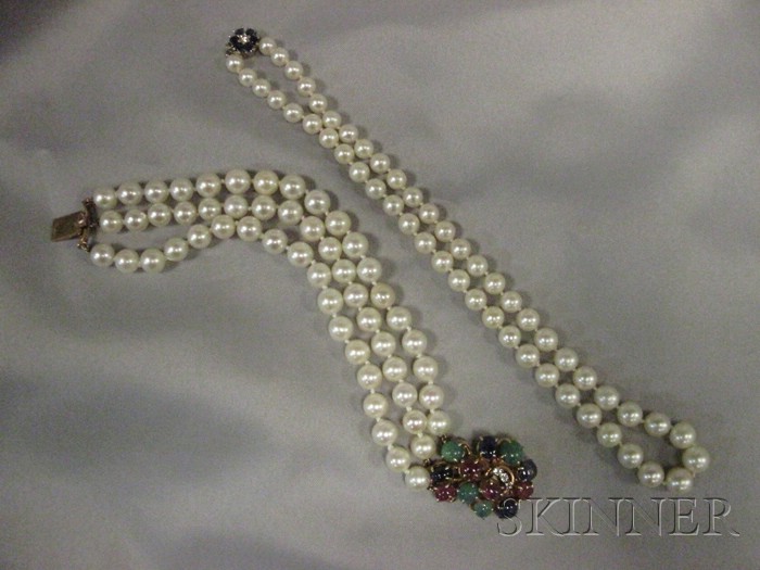 Appraisal: Cultured Pearl and Gem-set Necklace and Bracelet the necklace composed