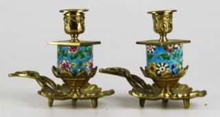 Appraisal: pr of French Longwy gilt brass enamel chamber candlesticks ht