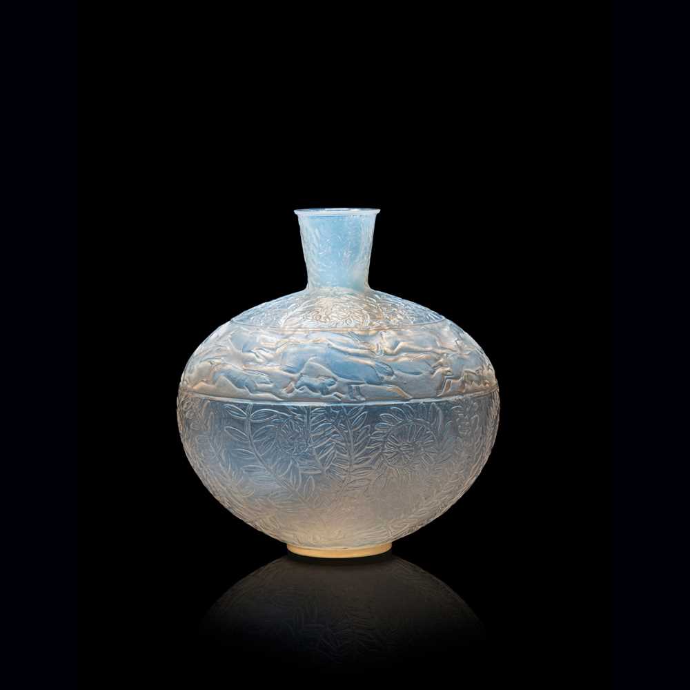 Appraisal: REN LALIQUE FRENCH - LIEVRES VASE NO designed opalescentintaglio R