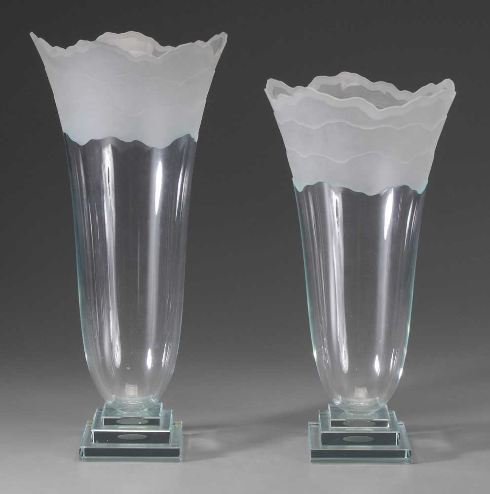 Appraisal: Two Monumental Art Glass Vases stepped clear glass bases frosted