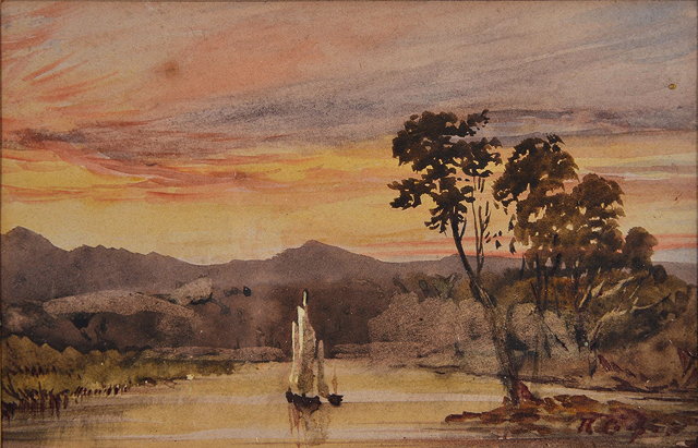 Appraisal: RICHARD COOPER BRITISH -c Sunset mountain landscape with sailing boats