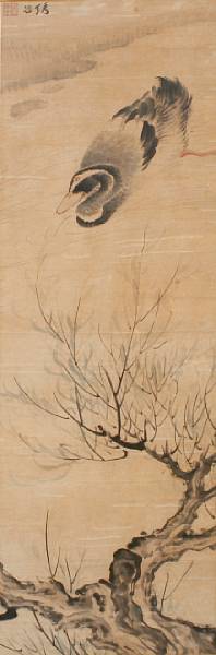 Appraisal: A Chinese framed scroll with a duck tree branches bearing